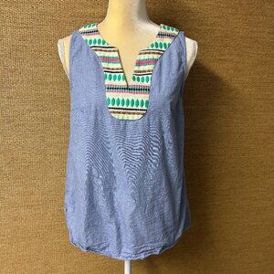 Crown & Ivy Top Women's Medium Blue Multicolor Embroidered Neckline